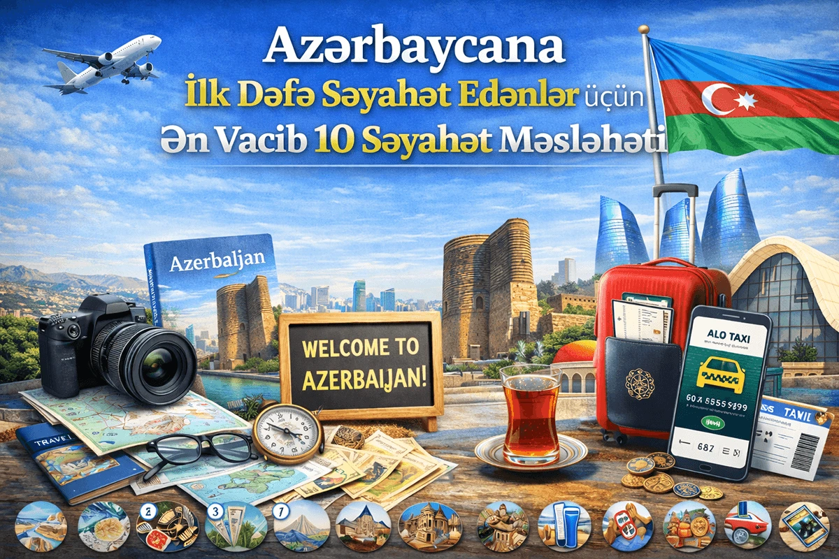 Çantası ilə Bakının Alov Qüllələrini və Köhnə Şəhəri kəşf edən ilk dəfə səyahətçi, Azərbaycan turizm nöqtələrini nümayiş etdirir