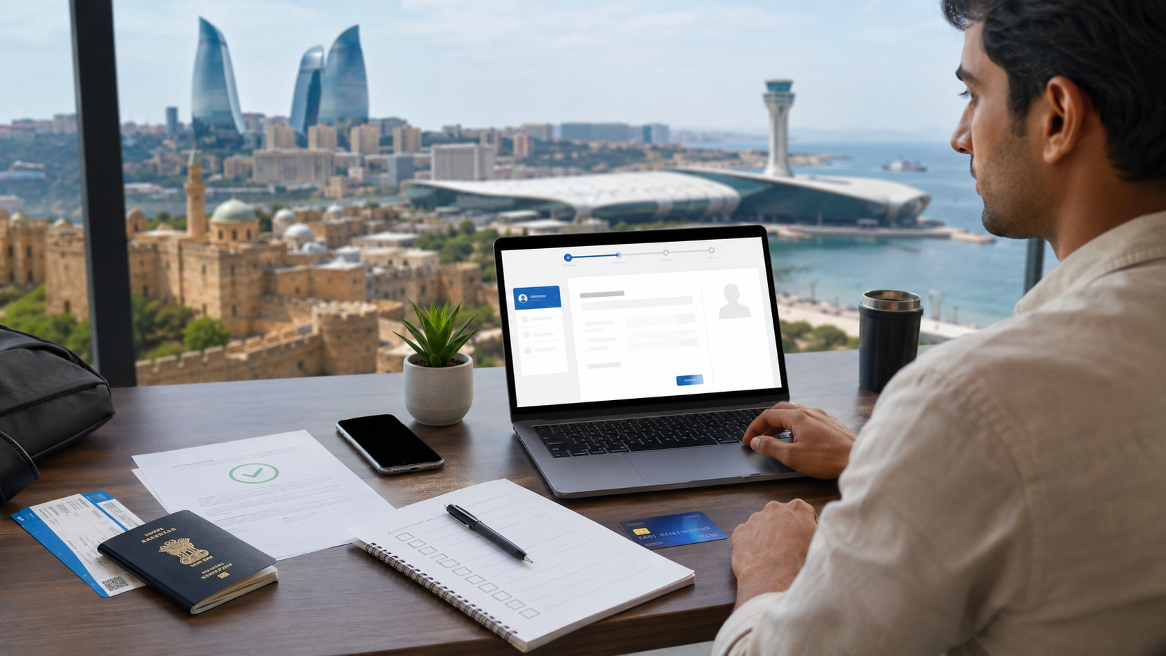 Indian passport beside Azerbaijan eVisa documents, laptop application form and Baku skyline