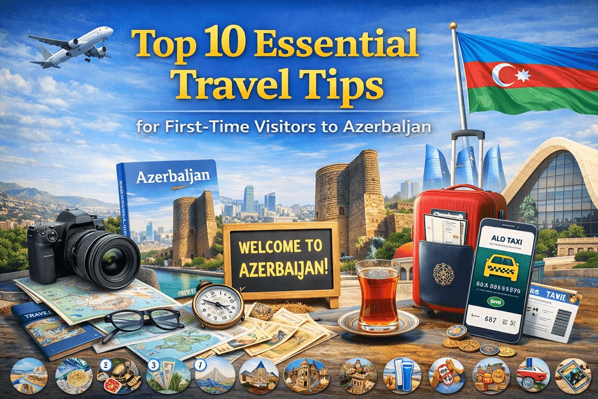 First-time traveler exploring Baku's Flame Towers and Old City with backpack, showcasing Azerbaijan tourism highlights