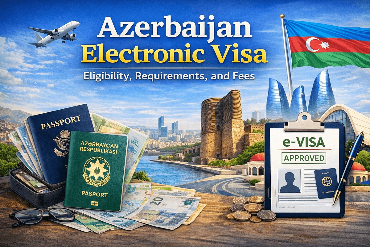 Digital passport with Azerbaijan e-Visa approval stamp and laptop showing online application form for visa requirements