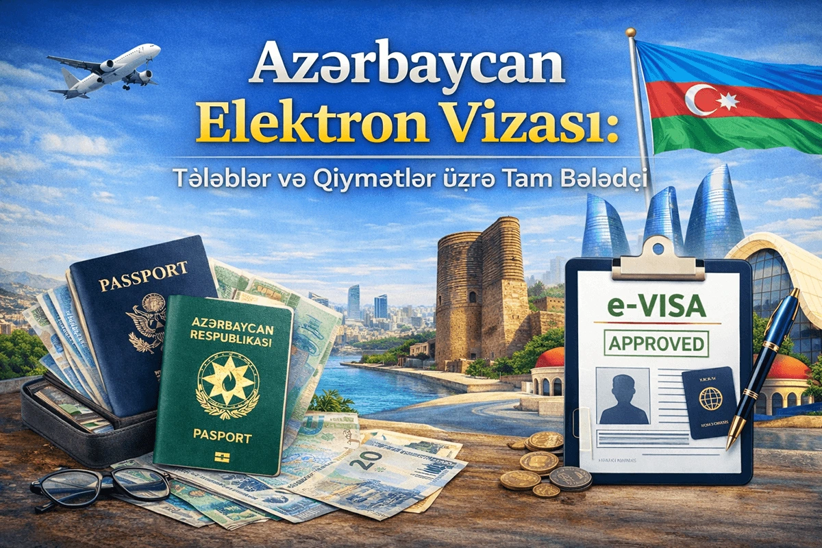 Azərbaycan e-Visa təsdiq möhürü olan rəqəmsal pasport və viza tələbləri üçün onlayn müraciət formasını göstərən laptop